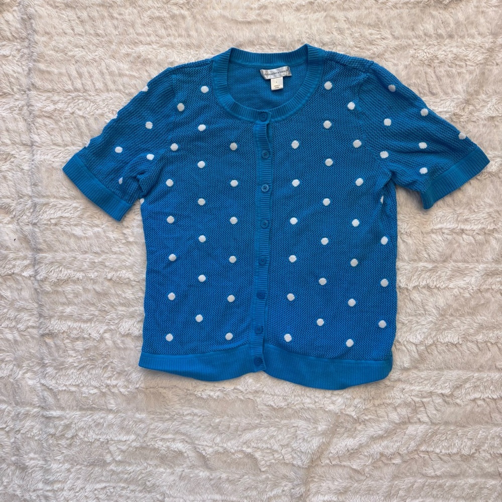 Blue Polka Dot Knit Cardigan Sweater - Unknown Brand